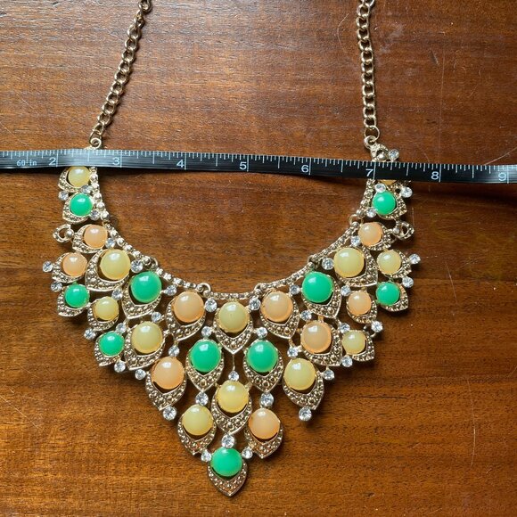 Gold Tone Bib Necklace with Yellow and Green Faux Stones - Picture 3 of 3